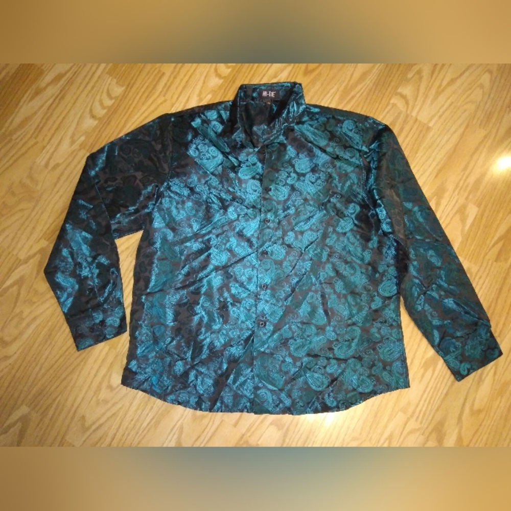 Hi Tie Brand Satiny Paisley Shirt. Black & Teal. Men's XXL